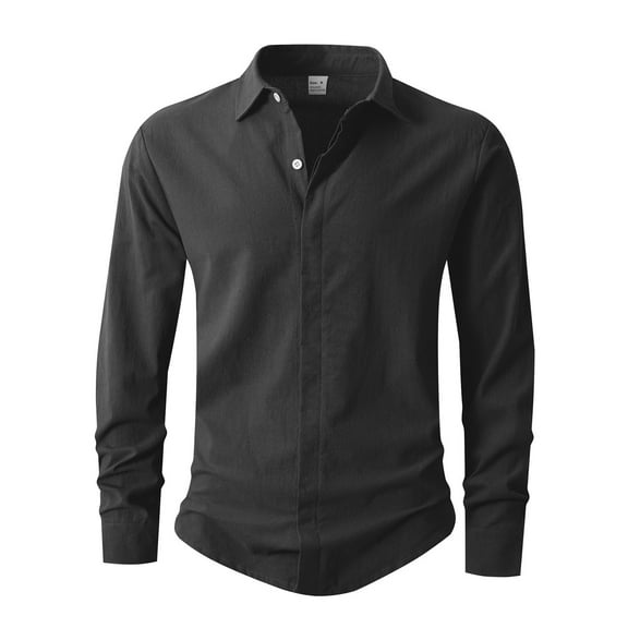 Wrtxtat Men's Linen Shirts Autumn Lightweight Breathable Tops Full Button Lapel Shirts Formal Business Solid Color Long Sleeve Shirts Black S