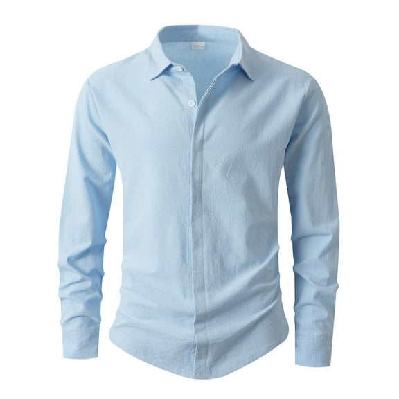 Wrtxtat Men's Linen Shirts Autumn Lightweight Breathable Tops Full Button Lapel Shirts Formal Business Solid Color Long Sleeve Shirts Light Blue XXL