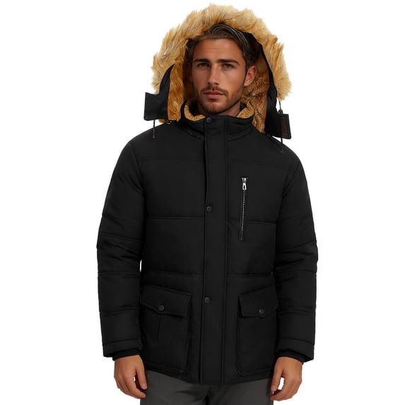 Wrtxtat Men's Long Parka Winter Coats Full Zip Fleece Lined Hooded Outerwear with Pockets Windproof Heavyweight Thermal Solid Color Jacket Black S