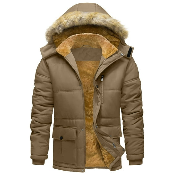Wrtxtat Men's Long Parka Winter Coats Full Zip Fleece Lined Hooded Outerwear with Pockets Windproof Heavyweight Thermal Solid Color Jacket Khaki XL