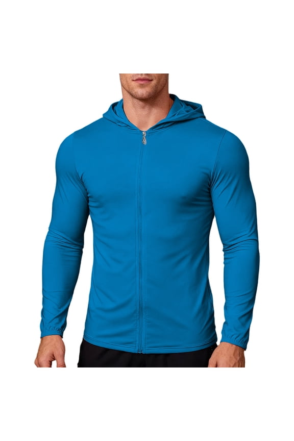 Men's Long Sleeve Hoodies Muscle Sun UV Protection UPF 50+ Summer Jackets Workout Running Zip-Up Rash Guard Sweatshirts Blue XXL