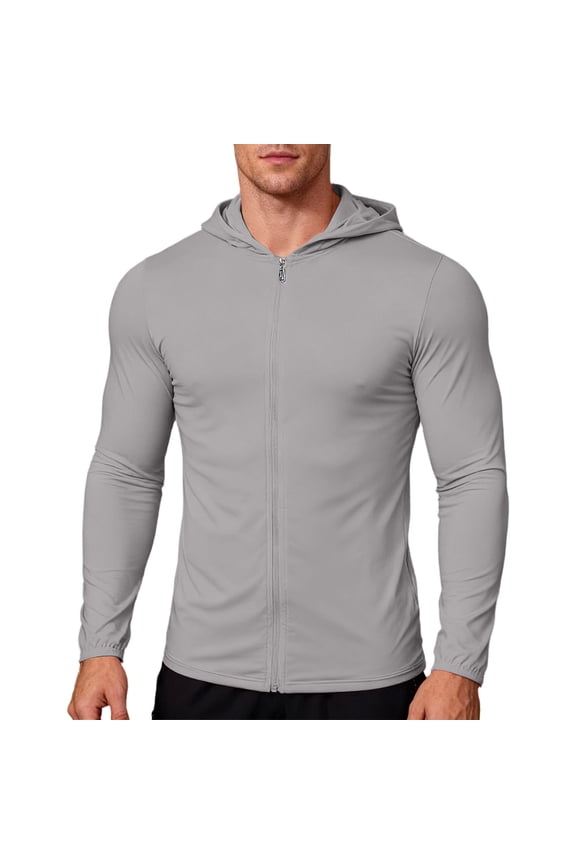 Men's Long Sleeve Hoodies Muscle Sun UV Protection UPF 50+ Summer Jackets Workout Running Zip-Up Rash Guard Sweatshirts Gray M