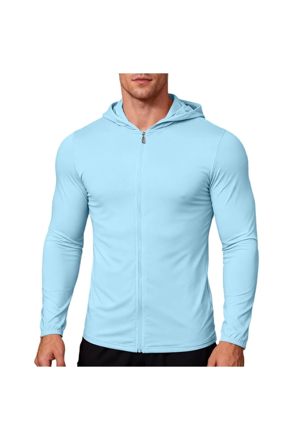 Men's Long Sleeve Hoodies Muscle Sun UV Protection UPF 50+ Summer Jackets Workout Running Zip-Up Rash Guard Sweatshirts Light Blue XXXL