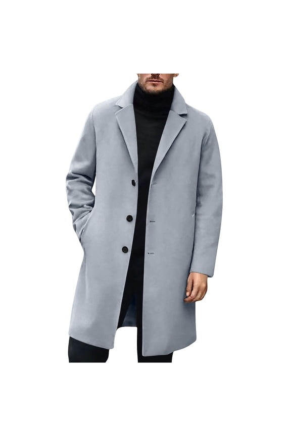 Men's Long Trench Coat Midweight Notched Lapel Single Breasted Jacket with Pockets Winter Fashion Thermal Full Button Overcoat Gray L