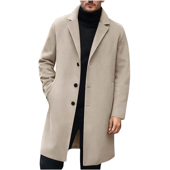 Wrtxtat Men's Long Trench Coat Midweight Notched Lapel Single Breasted Jacket with Pockets Winter Fashion Thermal Full Button Overcoat Khaki M