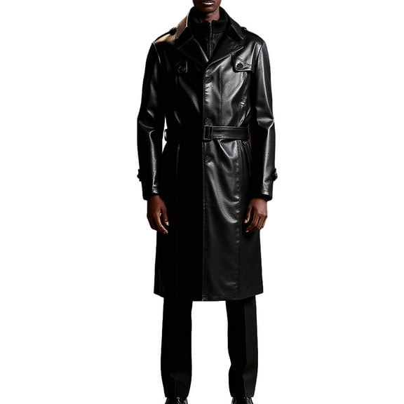 Wrtxtat Men's Long Trench Coat Solid Color Single Breasted Button Belted Jacket Warm Heavyweight Windprof Outerwear Big and Tall Black L