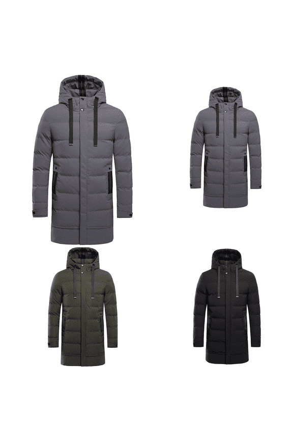 Men's Long Winter Coat Heavyweight Thermal Hooded Puffer Jacket Drawstrings Solid Color Long Sleeves Outerwear Big and Tall Black L