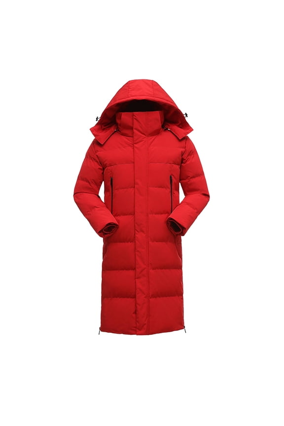 Men's Long Winter Coat Warm Heavyweight Top Full Zip Puffer Jacket with Zipper Pockets Solid Color Drawstrings Hooded Outerwear Big and Tall Red M