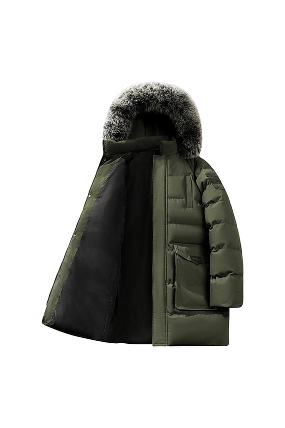 Men's Long Winter Coats Heavyweight Warm Full Zip Outerwear with Pockets Solid Color Long Length Hooded Puffer Jackets Green M