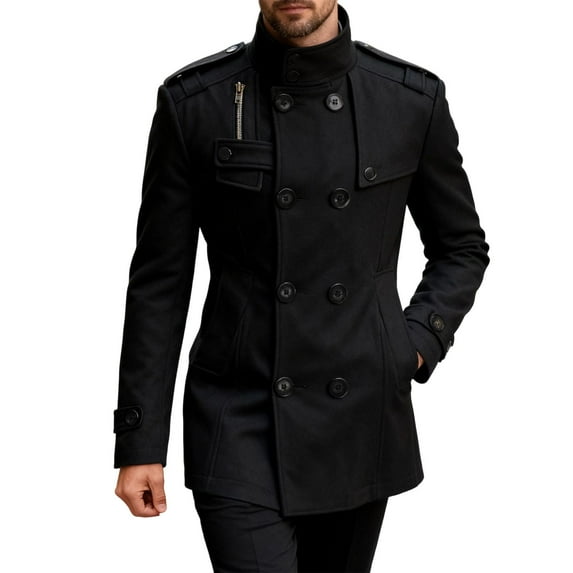 Wrtxtat Men's Long Winter Coats Warm Heavyweight Fashion High Neck Windproof Jacket Pockets Full Button Down Solid Color Trench Coats Black XXXL