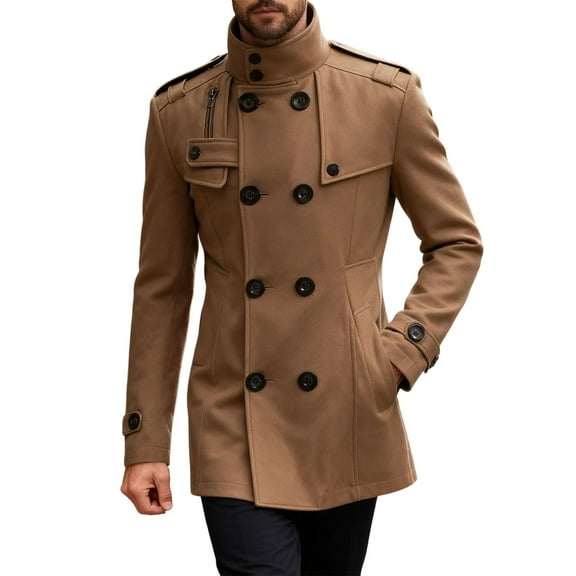 Wrtxtat Men's Long Winter Coats Warm Heavyweight Fashion High Neck Windproof Jacket Pockets Full Button Down Solid Color Trench Coats Khaki XXL