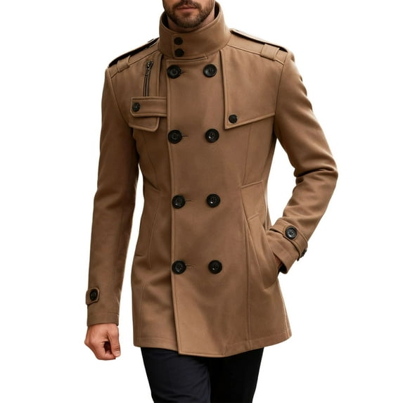 Wrtxtat Men's Long Winter Coats Warm Heavyweight Fashion High Neck Windproof Jacket Pockets Full Button Down Solid Color Trench Coats Khaki XXXL