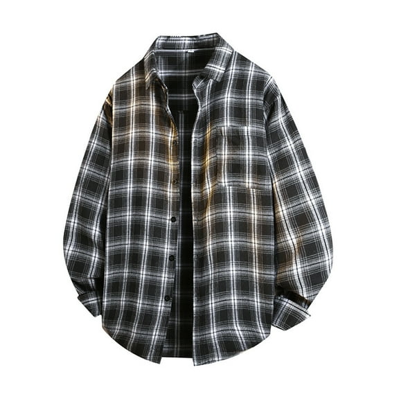 Wrtxtat Men's Loose Fit Shirts Plaid Button Down Long Sleeve Shirts with Pokcet Autumn Fashion Midweight Turn down Collar T-Shirt Big and Tall Gray XL