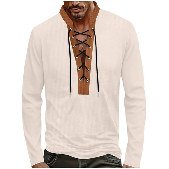 Wrtxtat Men's Medieval Pirate Shirts Autumn Lightweight Vintage Style Waffle Knit Pullover Lace up Deep V-Neck Top Viking Renaissance Costume Khaki XXXL