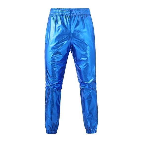Wrtxtat Men's Metallic Shiny Pants Disco Rave Sparkly Holographic Trousers with Pockets Prom Party Drawstrings Elastic Waist Pants Big and Tall Blue XXL