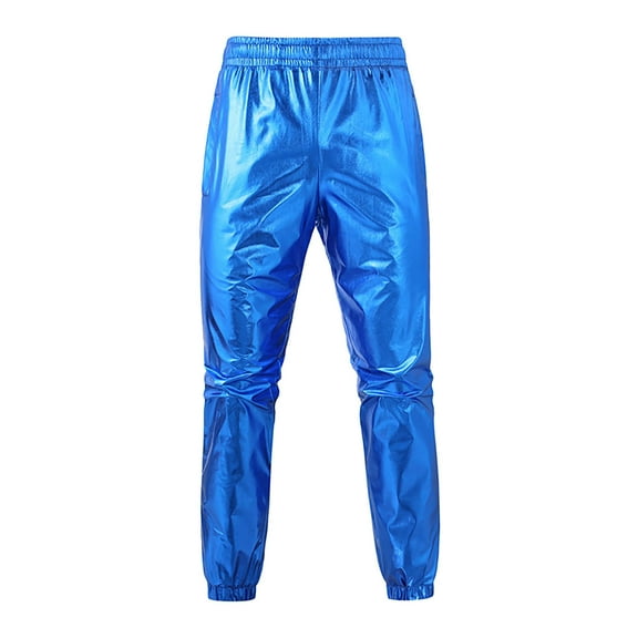 Wrtxtat Men's Metallic Shiny Pants Disco Rave Sparkly Holographic Trousers with Pockets Prom Party Drawstrings Elastic Waist Pants Big and Tall Blue XXXXL