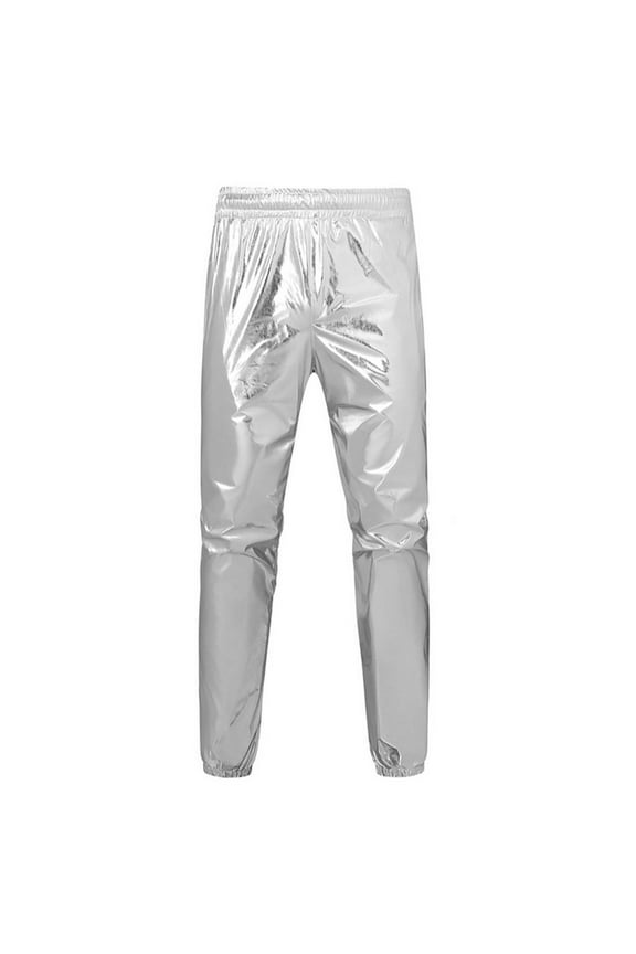 Men's Metallic Shiny Pants Disco Rave Sparkly Holographic Trousers with Pockets Prom Party Drawstrings Elastic Waist Pants Big and Tall Silver XXXXXL