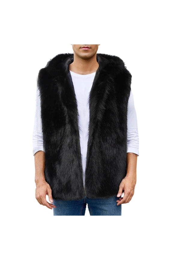 Men's Mink Coat Midweight Fuzzy Thermal Hooded Collar Jacket Fashion Solid Color Winter Outdoor Snow Sleeveless Coat Black XL