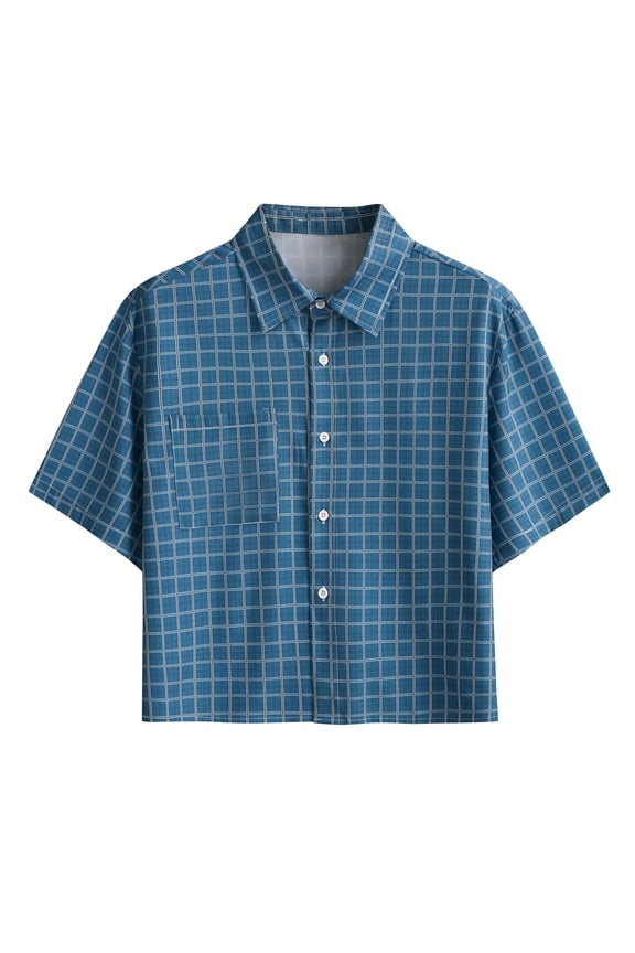 Men's Plaid Cropped Shirt Casual Button Down Gingham Boxy Short Sleeve Shirts Fashion Streetwear Summer Crop Shirts Navy XXL
