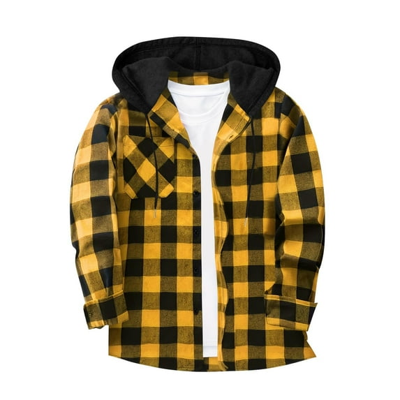 Wrtxtat Men's Plaid Hoodie Autumn Fashion Lightweight Breathable Jacket with Pockets Long Sleeves Button Down Drawstrings Hoodie Yellow#02 L