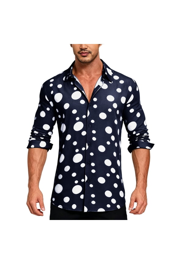 Men's Polka Dots Shirt Lapel Collar Long Sleeve Button Down Shirt Fashion Hipster Streetwear Casual Shirts Dark Blue XXL