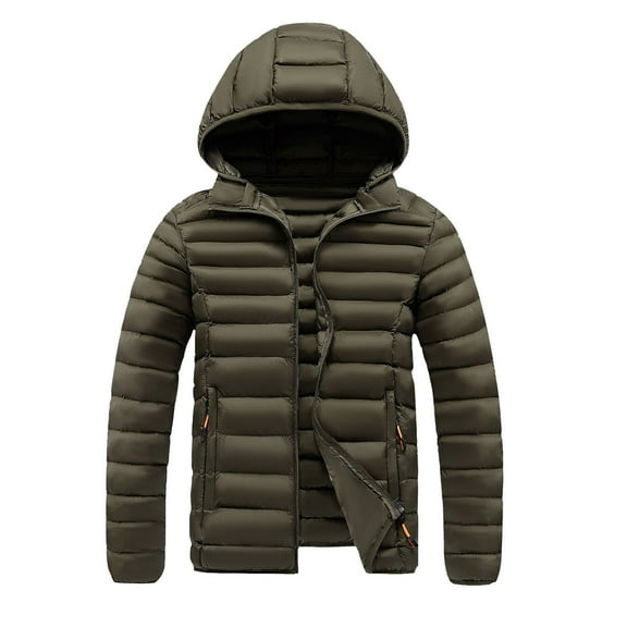 Wrtxtat Men's Puffer Jacket Full Zip Detachable Hood Puffy Coats with Pockets Fashion Winter Midweight Solid Color Outerwear Big and Tall Army Green L