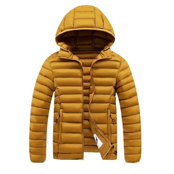 Wrtxtat Men's Puffer Jacket Full Zip Detachable Hood Puffy Coats with Pockets Fashion Winter Midweight Solid Color Outerwear Big and Tall Yellow XXXXL
