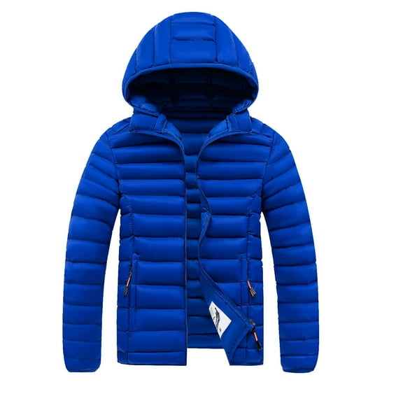 Wrtxtat Men's Puffer Jacket Full Zip Detachable Hood Puffy Coats with Pockets Fashion Winter Midweight Solid Color Outerwear Big and Tall Blue L