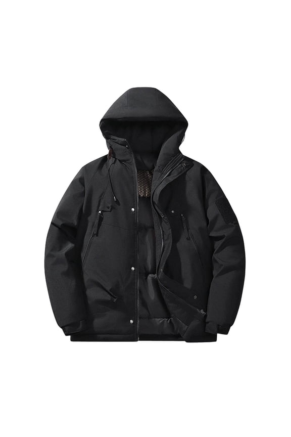 Men's Puffer Jacket Warm Heavyweight Outdoor Waterproof Snow Ski Jackets with Pockets Solid Color Zip-Up Drawstrings Hooded Coats Black#02 XXL