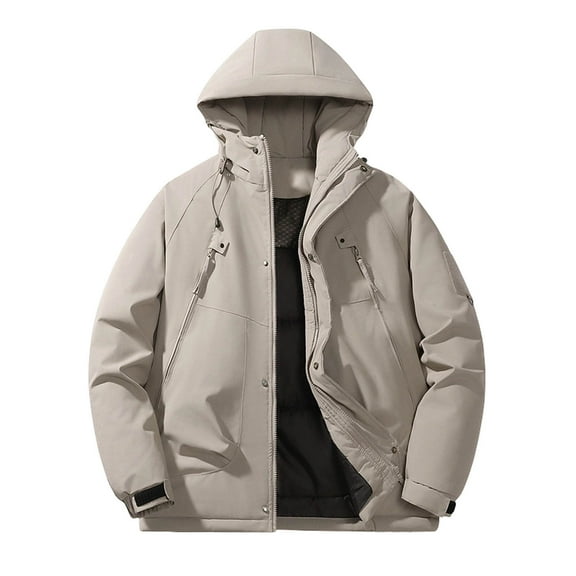 Wrtxtat Men's Puffer Jacket Warm Heavyweight Outdoor Waterproof Snow Ski Jackets with Pockets Solid Color Zip-Up Drawstrings Hooded Coats Khaki#02 XXL