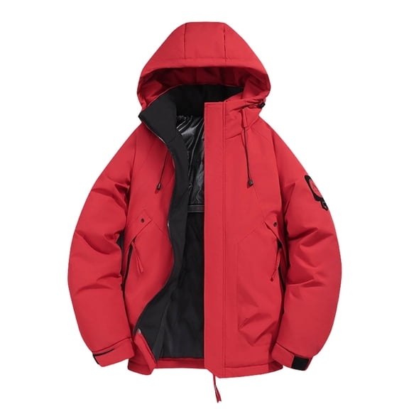 Wrtxtat Men's Puffer Jacket Warm Heavyweight Outdoor Waterproof Snow Ski Jackets with Pockets Solid Color Zip-Up Drawstrings Hooded Coats Red XL