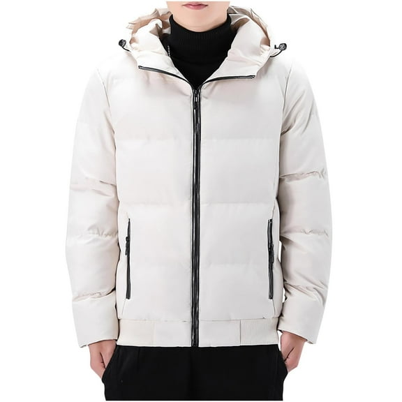 Wrtxtat Men's Puffer Jacket Zip-Up Drawstrings Hooded Outerwear with Pockets Solid Color Winter Warm Heavyweight Coats Big and Tall Beige M