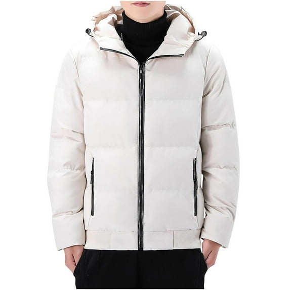 Wrtxtat Men's Puffer Jacket Zip-Up Drawstrings Hooded Outerwear with Pockets Solid Color Winter Warm Heavyweight Coats Big and Tall Beige XXL