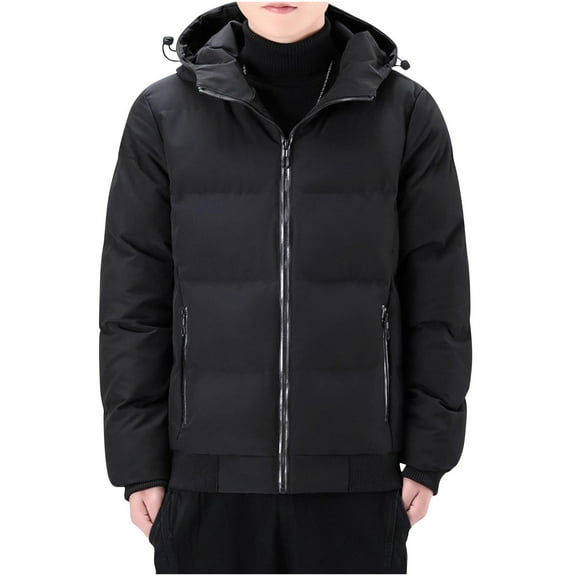 Wrtxtat Men's Puffer Jacket Zip-Up Drawstrings Hooded Outerwear with Pockets Solid Color Winter Warm Heavyweight Coats Big and Tall Black M