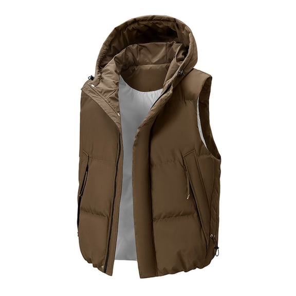 Wrtxtat Men's Puffer Vests Warm Midweight Full Zip Drawstrings Hooded Vest with Pocket Fashion Solid Color Winter Sleeveless Outerwear Coffee XL