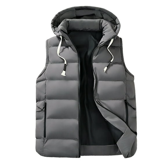 Wrtxtat Men's Puffer Vests Winter Midweight Warm Sleeveless Outerwear with Pockets Solid Color Drawstrings Hooded Puffer Vest Big and Tall Gray XXL