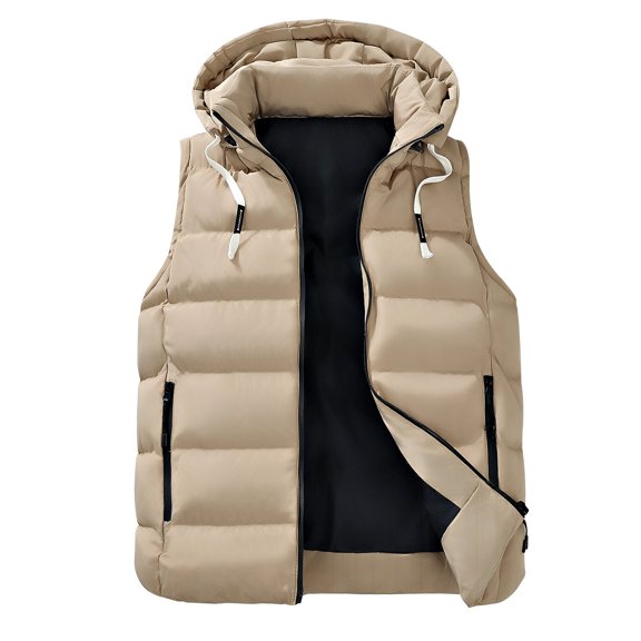 Wrtxtat Men's Puffer Vests Winter Midweight Warm Sleeveless Outerwear with Pockets Solid Color Drawstrings Hooded Puffer Vest Big and Tall Khaki XXXL