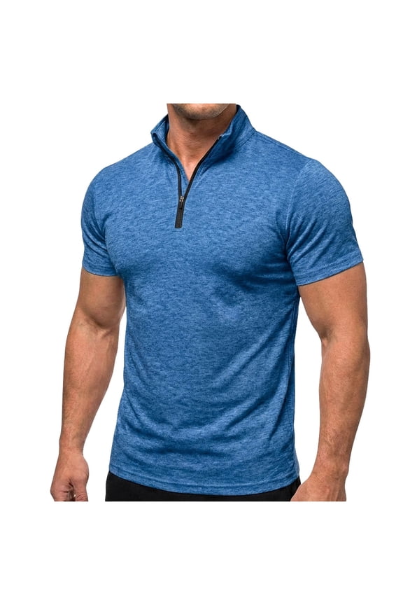 Men's Quarter Zip Shirts Slim Fitted Short Sleeve Cycling Jerseys Stretch Quick-Dry Breathable Activewear Workout Performance Shirts Blue L