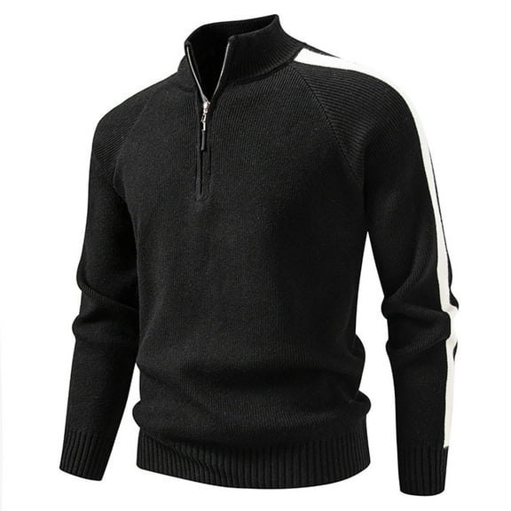 Wrtxtat Men's Quarter Zip Sweater Midweight Warm Striped Knit Mock Neck Pullover Slim Fit Stretchable Solid Color Long Sleeve Tops Black XXL