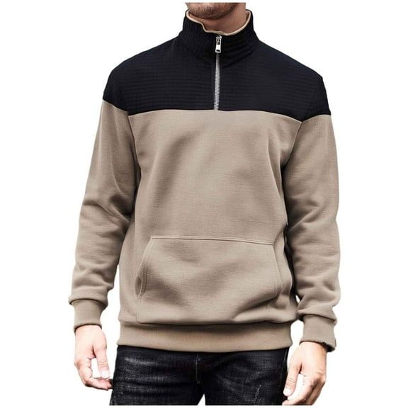Wrtxtat Men's Quarter Zip Sweatshirt Waffle Knit Patchwork Pullover with Kangaroo Pockets Autumn Midweight Mock Neck Warm Tops Khaki XL