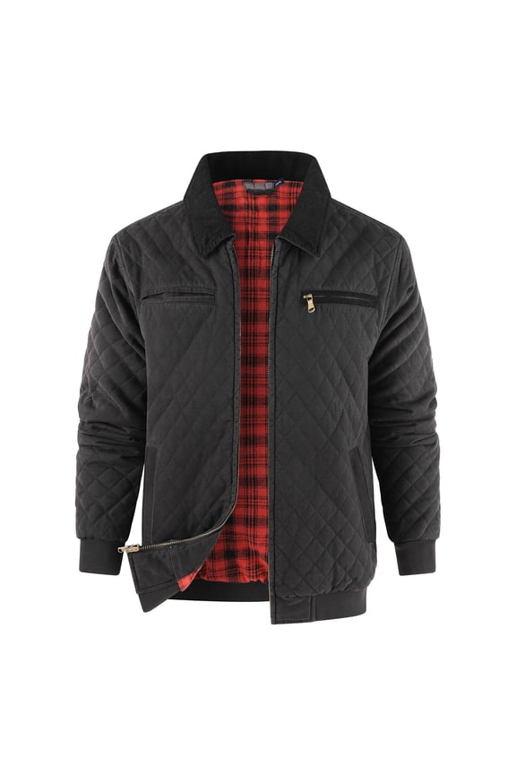 Men's Quilted Jacket Warm Heavyweight Cotton-Lined Long Sleeve Outerwear with Pockets Zip-Up Solid Color Lapel Windbreaker Coat Black L