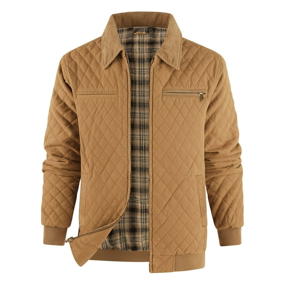 Wrtxtat Men's Quilted Jacket Warm Heavyweight Cotton-Lined Long Sleeve Outerwear with Pockets Zip-Up Solid Color Lapel Windbreaker Coat Yellow L