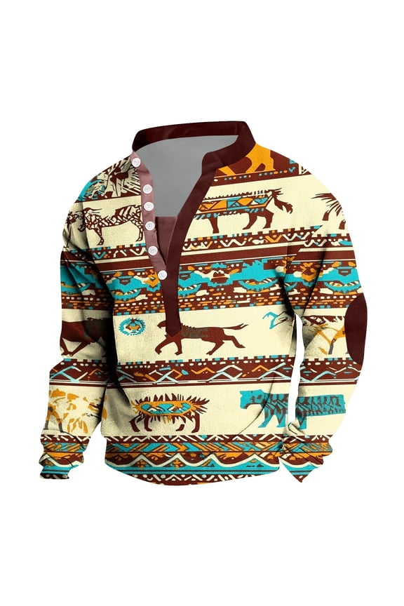 Men's Retro Sweatshirts Casual Vintage Graphic Printed Pullover Collarless 1/4 Button up Tshirt Lighwteight Long Sleeve Shirts Blue XL