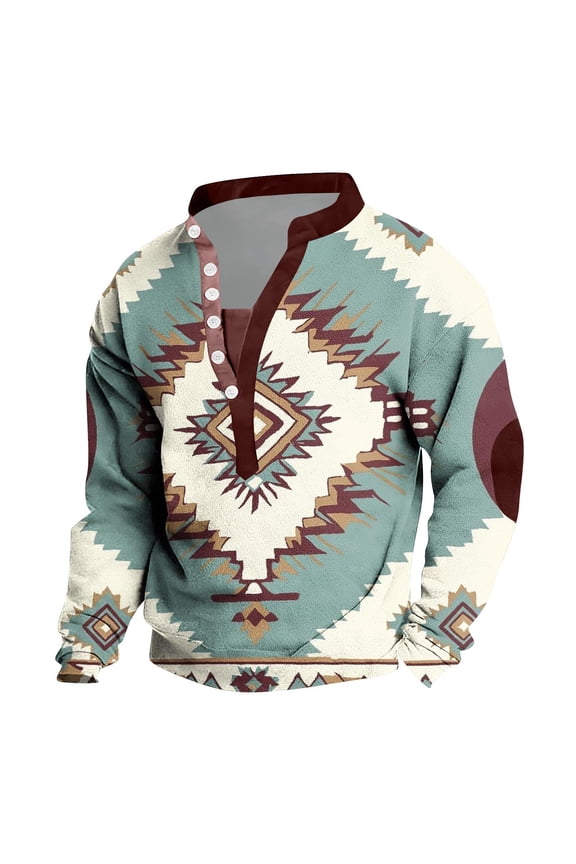 Men's Retro Sweatshirts Casual Vintage Graphic Printed Pullover Collarless 1/4 Button up Tshirt Lighwteight Long Sleeve Shirts Navy L