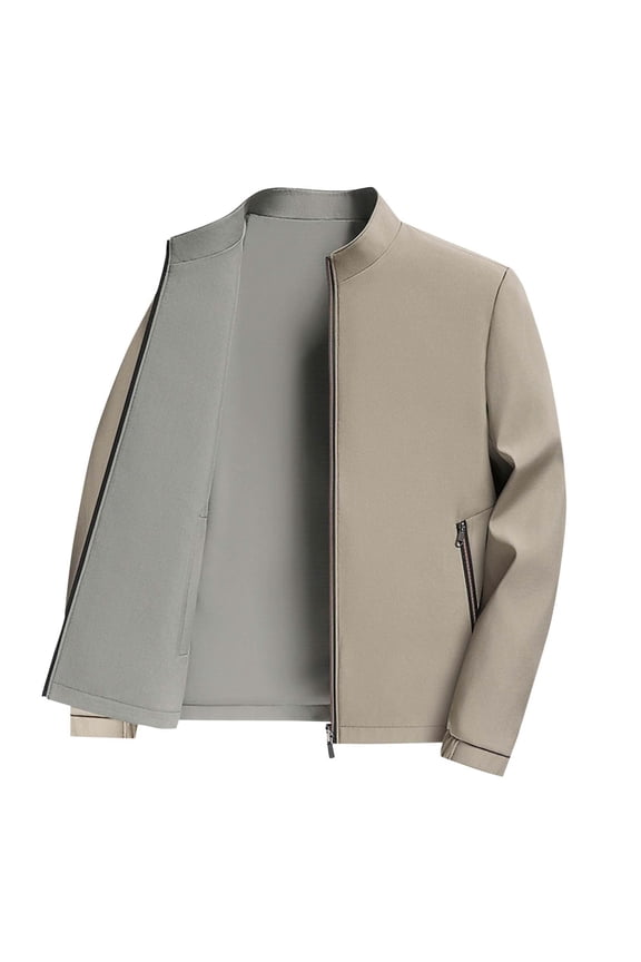 Men's Reversible Bomber Jackets Autumn Casual Midweight Windproof Outerwear with Pockets Full Zip Mock Neck Solid Color Jacket Khaki L