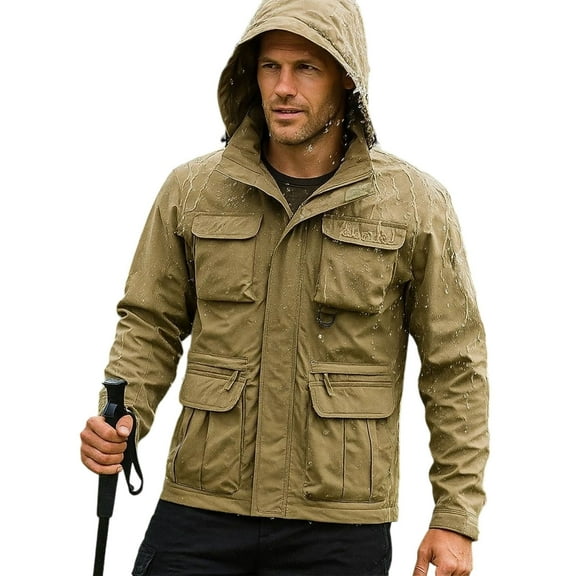 Wrtxtat Men's Safari Jacket Midweight Zip-Up Hooded Windbreaker with Multiple Pockets Outdoor Utility Water Ressistant Outerwear Big and Tall Khaki M