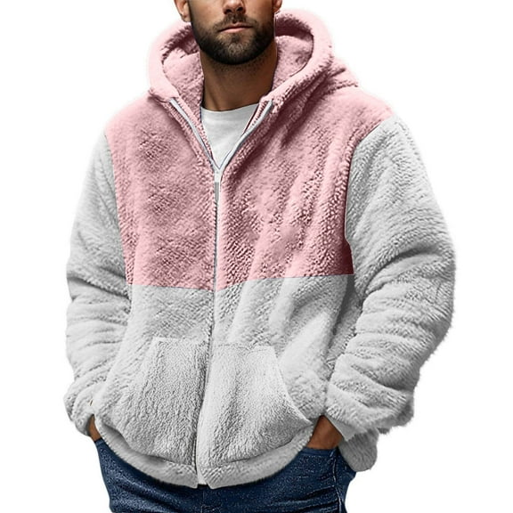 Wrtxtat Men's Sherpa Hoodies Relaxed Fit Midweight Full Zip Outerwear with Pockets Autumn Winter Fashion Colorblock Jacket Pink L