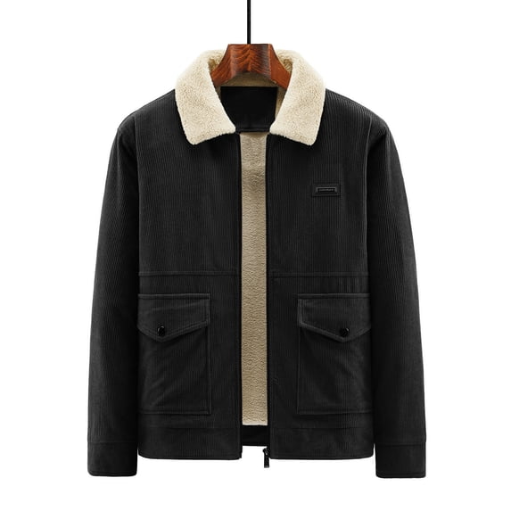Wrtxtat Men's Sherpa Lined Corduroy Jacket Full Zip Turn Down Collar Top Winter Thermal Heavyweight Long Sleeves Outerwear with Pockets Black XXXXL