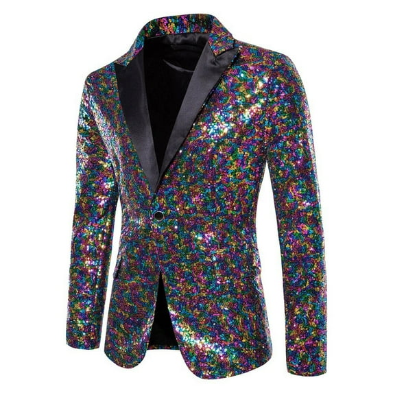 Wrtxtat Men's Shiny Sequin Blazer Sparkle Metallic Tuxedo Party Jacket Festival Party Prom Performance One Button Jacket Big and Tall Multicolor XXXXL