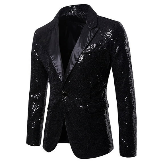 Wrtxtat Men's Shiny Sequin Blazer Sparkle Metallic Tuxedo Party Jacket Festival Party Prom Performance One Button Jacket Big and Tall Black XXXXXL